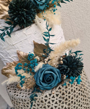 Load image into Gallery viewer, Triple floral cake topper - emerald green & champagne gold glitter