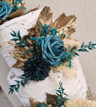 Load image into Gallery viewer, Triple floral cake topper - emerald green & champagne gold glitter