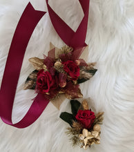 Load image into Gallery viewer, Burgundy, gold & green preserved corsage & buttonhole - School formal