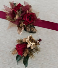 Load image into Gallery viewer, Burgundy, gold & green preserved corsage & buttonhole - School formal
