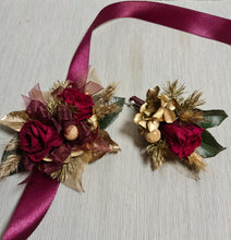 Load image into Gallery viewer, Burgundy, gold & green preserved corsage & buttonhole - School formal