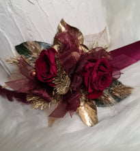 Load image into Gallery viewer, Burgundy, gold & green preserved corsage & buttonhole - School formal