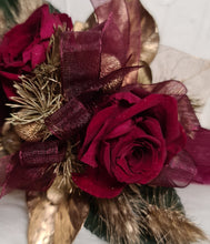 Load image into Gallery viewer, Burgundy, gold & green preserved corsage & buttonhole - School formal