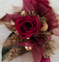 Load image into Gallery viewer, Burgundy, gold & green preserved corsage & buttonhole - School formal