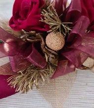 Load image into Gallery viewer, Burgundy, gold & green preserved corsage & buttonhole - School formal