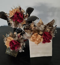 Load image into Gallery viewer, Burgundy, gold & neutral Bangle corsage, pocket flowers and hair comb set - School formal