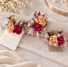 Load image into Gallery viewer, Burgundy, gold & neutral Bangle corsage, pocket flowers and hair comb set - School formal