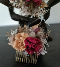 Load image into Gallery viewer, Burgundy, gold & neutral Bangle corsage, pocket flowers and hair comb set - School formal