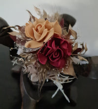 Load image into Gallery viewer, Burgundy, gold & neutral Bangle corsage, pocket flowers and hair comb set - School formal
