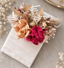 Load image into Gallery viewer, Burgundy, gold & neutral Bangle corsage, pocket flowers and hair comb set - School formal