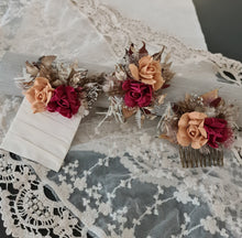 Load image into Gallery viewer, Burgundy, gold & neutral Bangle corsage, pocket flowers and hair comb set - School formal