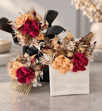 Load image into Gallery viewer, Burgundy, gold & neutral Bangle corsage, pocket flowers and hair comb set - School formal