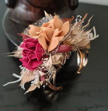 Load image into Gallery viewer, Burgundy, gold & neutral Bangle corsage, pocket flowers and hair comb set - School formal