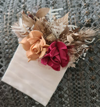Load image into Gallery viewer, Burgundy, gold & neutral Bangle corsage, pocket flowers and hair comb set - School formal