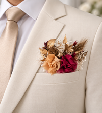 Load image into Gallery viewer, Burgundy, gold & neutral Bangle corsage, pocket flowers and hair comb set - School formal