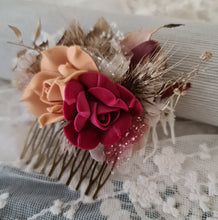 Load image into Gallery viewer, Burgundy, gold & neutral Bangle corsage, pocket flowers and hair comb set - School formal