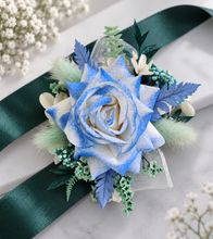 Load image into Gallery viewer, Everlasting flowers school formal / prom corsage – mint, white & blue