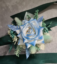 Load image into Gallery viewer, Everlasting flowers school formal / prom corsage – mint, white & blue
