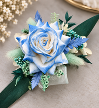 Load image into Gallery viewer, Everlasting flowers school formal / prom corsage – mint, white & blue