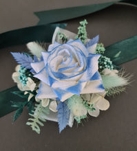 Load image into Gallery viewer, Everlasting flowers school formal / prom corsage – mint, white & blue