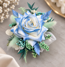 Load image into Gallery viewer, Everlasting flowers school formal / prom corsage – mint, white & blue
