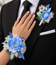 Load image into Gallery viewer, Everlasting flowers school formal / prom corsage & buttonhole – mint, white & blue