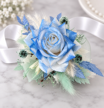 Load image into Gallery viewer, Everlasting flowers school formal / prom corsage & buttonhole – mint, white & blue