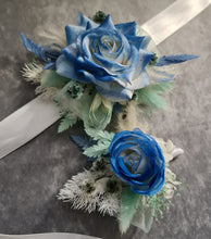 Load image into Gallery viewer, Everlasting flowers school formal / prom corsage & buttonhole – mint, white & blue