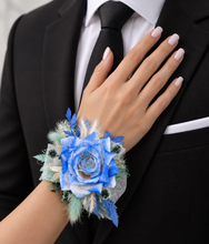 Load image into Gallery viewer, Everlasting flowers school formal / prom corsage & buttonhole – mint, white & blue