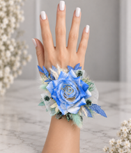 Load image into Gallery viewer, Everlasting flowers school formal / prom corsage & buttonhole – mint, white & blue