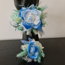 Load image into Gallery viewer, Mint, white & blue School formal / prom Corsage & buttonhole set