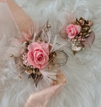 Load image into Gallery viewer, Mini preserved rose peach/pink School formal / prom Corsage & buttonhole set