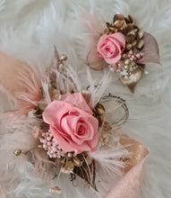 Load image into Gallery viewer, Mini preserved rose peach/pink School formal / prom Corsage & buttonhole set