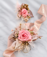 Load image into Gallery viewer, Mini preserved rose peach/pink School formal / prom Corsage & buttonhole set