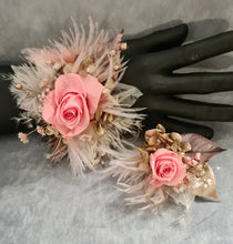 Load image into Gallery viewer, Mini preserved rose peach/pink School formal / prom Corsage & buttonhole set