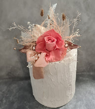Load image into Gallery viewer, Elegant pink/peach preserved rose cake topper w skeleton & champagne leaves