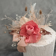 Load image into Gallery viewer, Elegant pink/peach preserved rose cake topper w skeleton & champagne leaves
