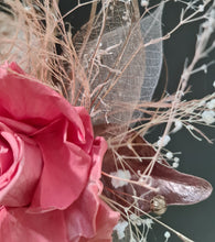 Load image into Gallery viewer, Elegant pink/peach preserved rose cake topper w skeleton & champagne leaves
