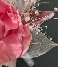 Load image into Gallery viewer, Elegant pink/peach preserved rose cake topper w skeleton & champagne leaves