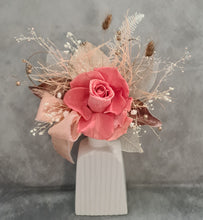 Load image into Gallery viewer, Elegant pink/peach preserved rose cake topper w skeleton & champagne leaves