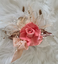 Load image into Gallery viewer, Elegant pink/peach preserved rose cake topper w skeleton & champagne leaves