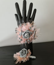 Load image into Gallery viewer, Everlasting flowers school formal / prom corsage & buttonhole set - pink & silver bling