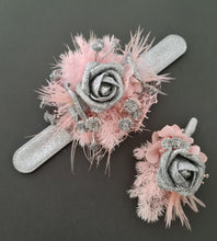 Load image into Gallery viewer, Everlasting flowers school formal / prom corsage & buttonhole set - pink & silver bling