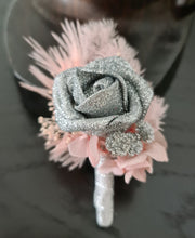 Load image into Gallery viewer, Everlasting flowers school formal / prom corsage & buttonhole set - pink & silver bling