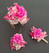 Load image into Gallery viewer, Hot Pink school formal / prom set - bangle corsage, buttonhole & hair pin