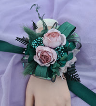 Load image into Gallery viewer, Emerald green & blush pink school formal / prom wedding corsage