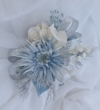 Load image into Gallery viewer, Soft blue & neutral preserved flowers silver bangle corsage – school formal / prom