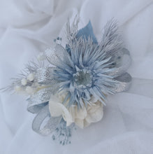 Load image into Gallery viewer, Soft blue & neutral preserved flowers silver bangle corsage – school formal / prom