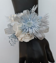 Load image into Gallery viewer, Soft blue & neutral preserved flowers silver bangle corsage – school formal / prom