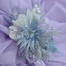 Load image into Gallery viewer, Soft blue & neutral preserved flowers silver bangle corsage – school formal / prom